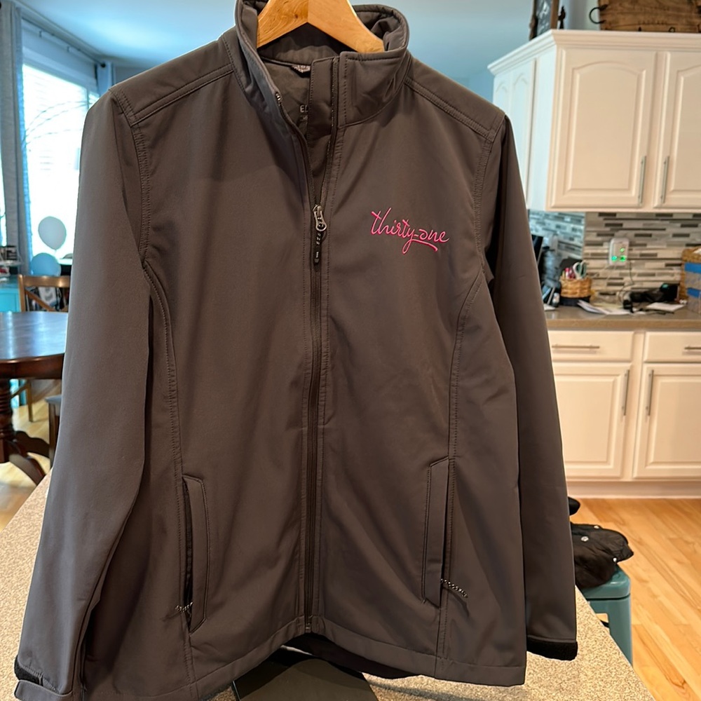 Gently used large ThirtyOne consultant jacket, dark grey with hot pink logo